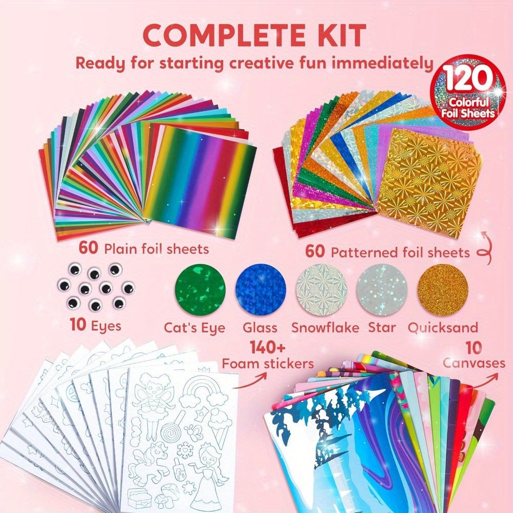 Foil Art Kit for Girls 10 Canvases 120 Colorful Foil Sheets 140+ Foam Stickers, Mess-Free Glue-Free Unicorn Princess Fairy Craft