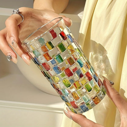 Hand-Painted Drinking Glasses Set – Colorful Square Lattice Woven Handcrafted Glass for Water, Juice, Whiskey & Beer