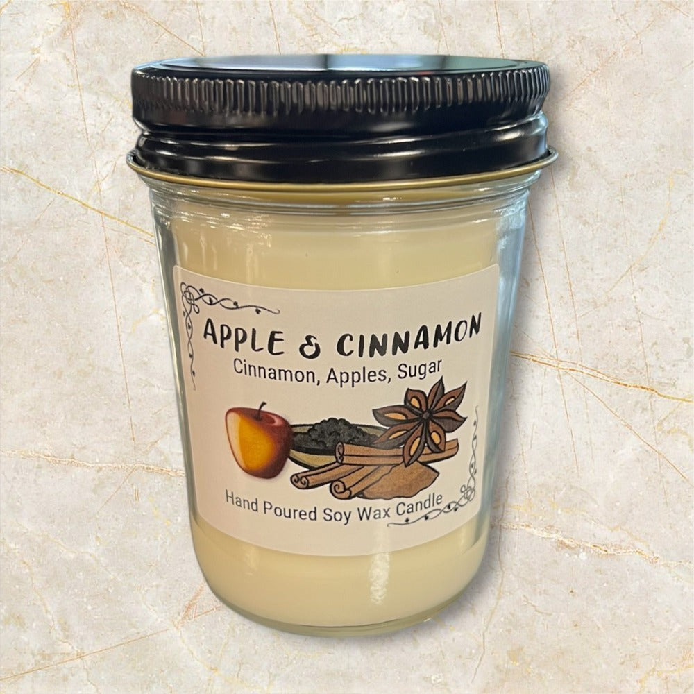 Apple Cinnamon Scented Soy Wax Candle in 8 oz Mason-Style Glass Jar with Black Lid, 4-Inch Height and 2.875-Inch Width