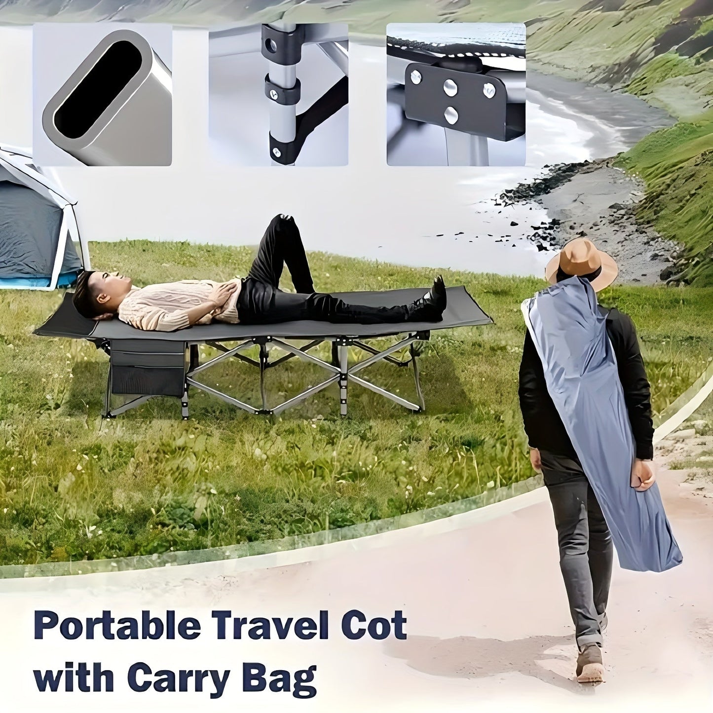 Folding Camping Cot with 74 x 30 Inch Plaid Mattress Checkout Label, Carry Bag and Side Storage Pocket