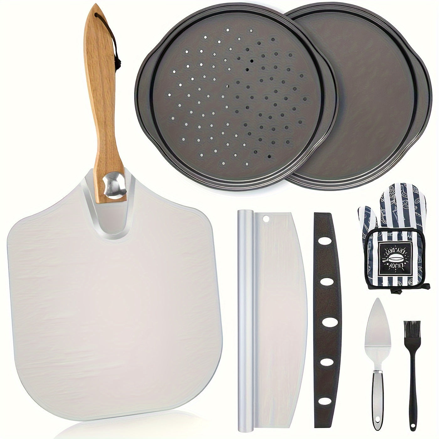 Pizza Making Set with Pizza Peel, Nonstick Pizza Pan, Perforated Pan, Pizza Cutter, Oven Mitts, Pie Server & Basting Brush