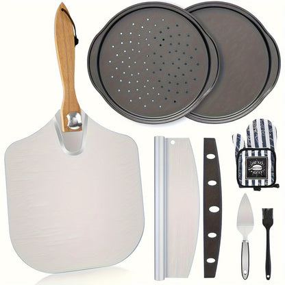 Pizza Making Set with Pizza Peel, Nonstick Pizza Pan, Perforated Pan, Pizza Cutter, Oven Mitts, Pie Server & Basting Brush