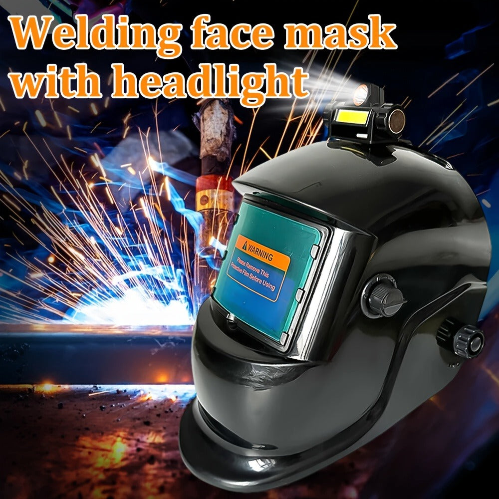 Black Auto-Darkening Welding Helmet with Wide Rectangular Lens, Top-Mounted Headlight and Adjustable Headgear