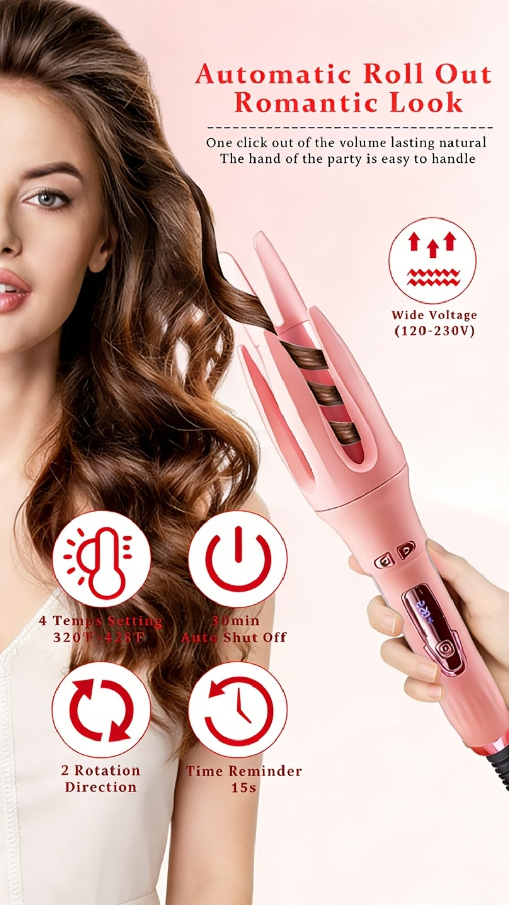 Automatic Rotating Curling Iron 4 Temperature Settings 40M Negative Ion Ceramic Barrel, for Home, Travel and Salon Hair Styling