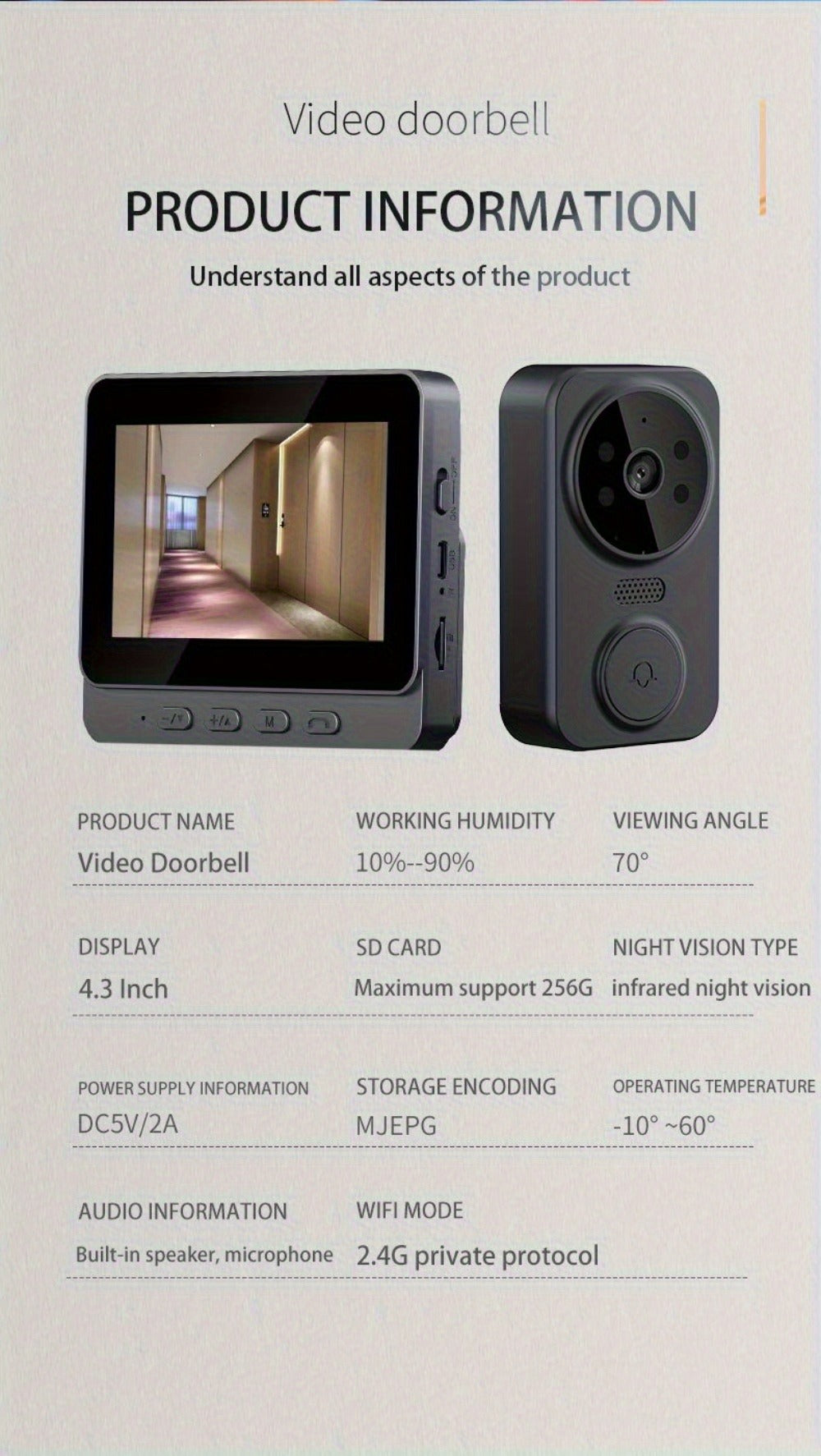 1296P Video Doorbell with 4.3" Indoor Monitor & Local SD Storage - No WiFi No App Required, Two-Way Audio