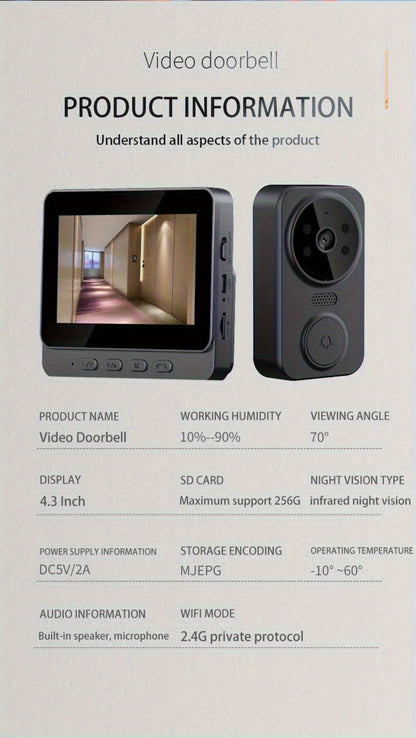 1296P Video Doorbell with 4.3" Indoor Monitor & Local SD Storage - No WiFi No App Required, Two-Way Audio