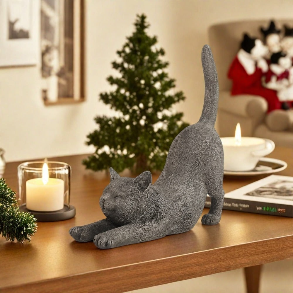 Yoga Cat Statue Hand-Painted Stretching Cat Figurine Grey Resin Decorative Sculpture for Home Office for Garden, Patio and Yard Use