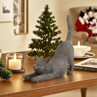 Yoga Cat Statue Hand-Painted Stretching Cat Figurine Grey Resin Decorative Sculpture for Home Office for Garden, Patio and Yard Use