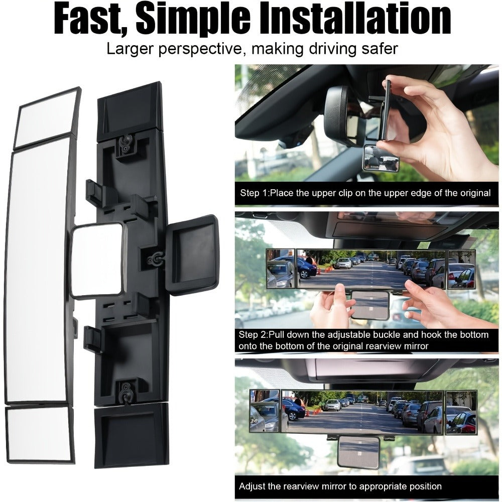 Interior Rearview Mirror 13 Inch – Quadruple-Fold Adjustable Wide Angle Car Mirror with 360° Swivel, Flat Lens