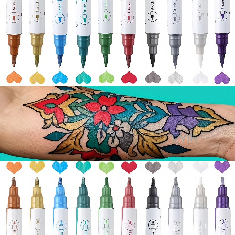 Double-Ended Tattoo Pen Set 10 Pcs with 114 Templates & Butterfly Stickers, Waterproof Sweat-Resistant DIY