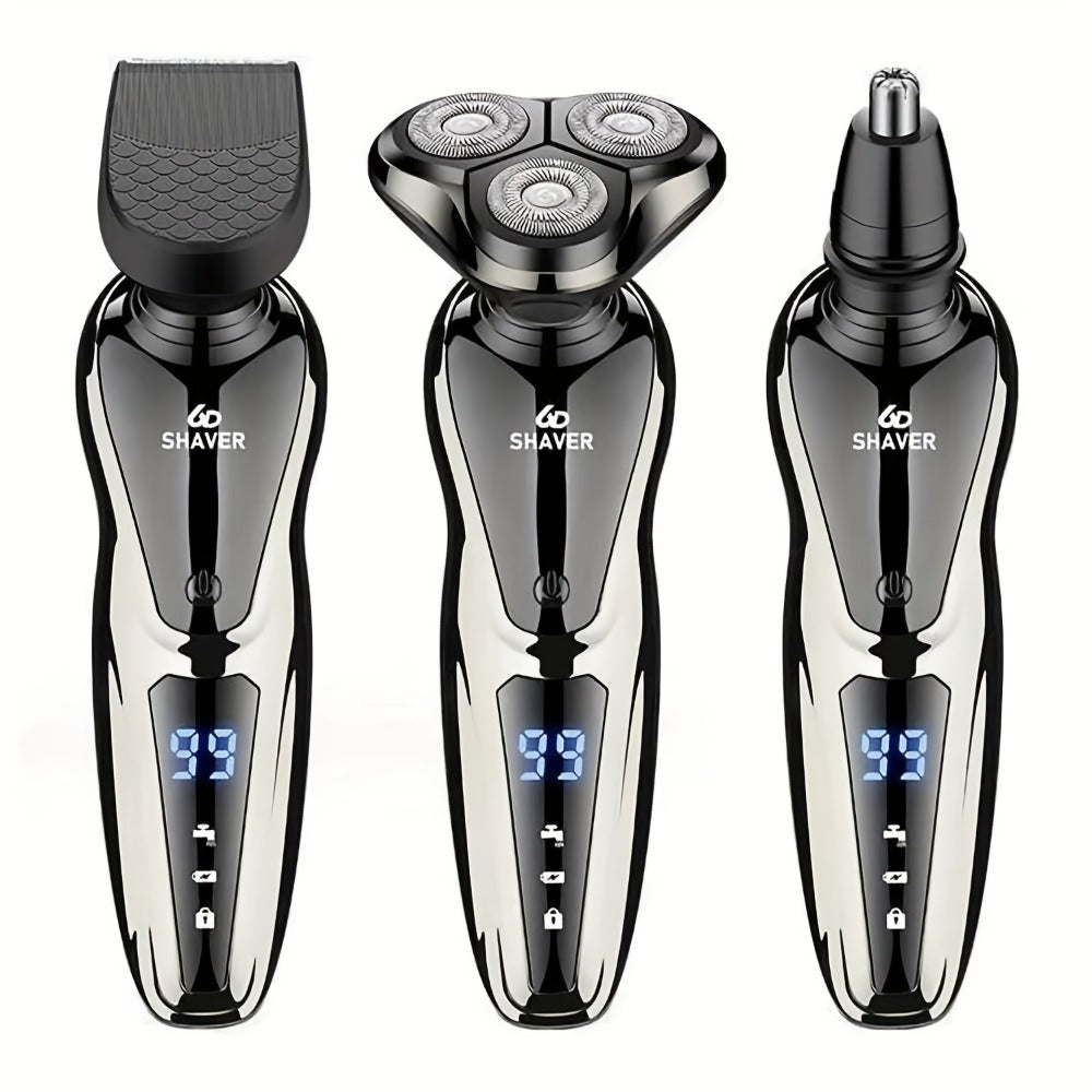 Electric Shaver for Men 3-in-1 Cordless Rechargeable 360° Floating Rotary – Beard Trimmer, Nose Hair Trimmer & Face Shaver with LED Display