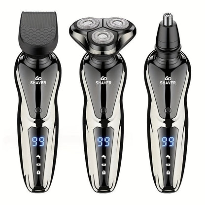 Electric Shaver for Men 3-in-1 Cordless Rechargeable 360° Floating Rotary – Beard Trimmer, Nose Hair Trimmer & Face Shaver with LED Display