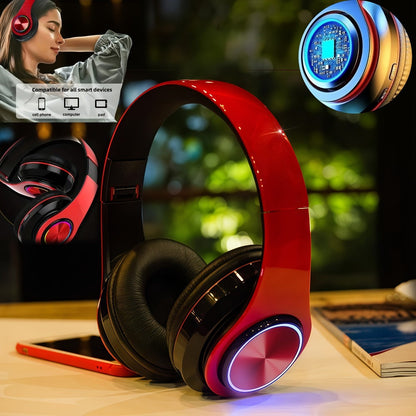 LED Light Over-Ear Wireless Headphones Deep Bass Subwoofer, Active Noise Cancelling Foldable Headset Bluetooth 5.3