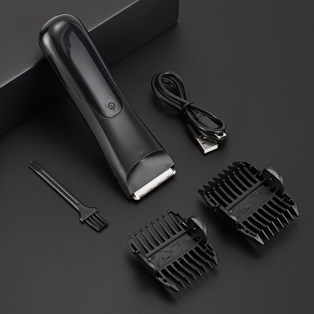 V-Shaped Ceramic-Blade Body Hair Trimmer with LCD Display, USB Cable, Guide Combs and Six Finish Options