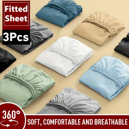 Three-Piece Solid-Color Fitted Sheet Set with Two Pillowcases, Nine Colors and Four Bed Sizes
