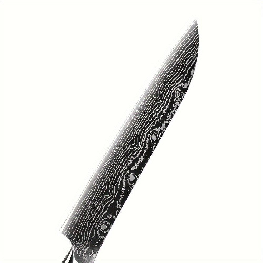 Kitchen Knife Set 7-Piece Damascus-Pattern Stainless Steel with Four Knives, Shears, Honing Rod and Rotating Block