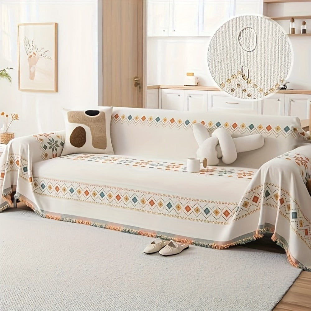 Sofa Cover Bohemian Embroidered Chenille Knit Throw with No Padding in Four Sizes and Five Colors