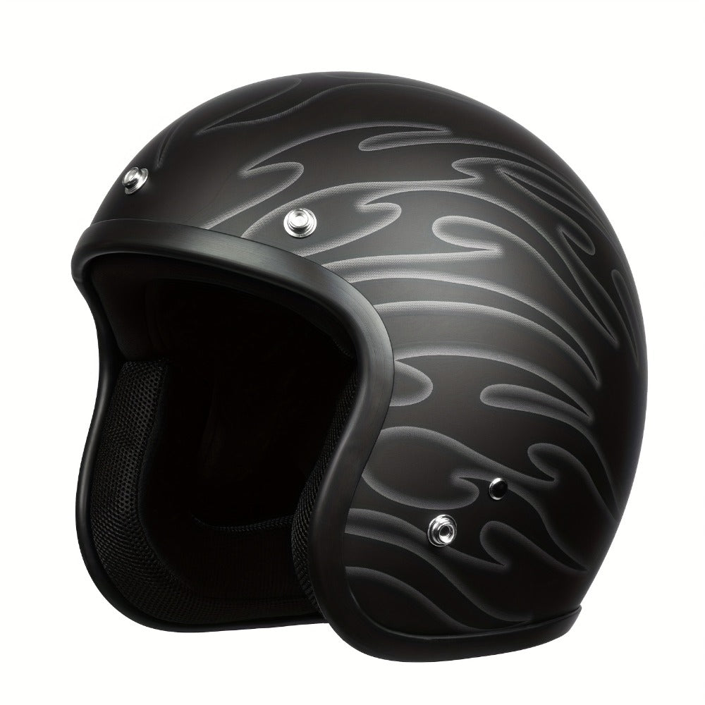 Motorcycle Helmet 3/4 Open-Face Design in Six Graphic Styles, S-XL Sizes with Front Snap Hardware and Padded Liner