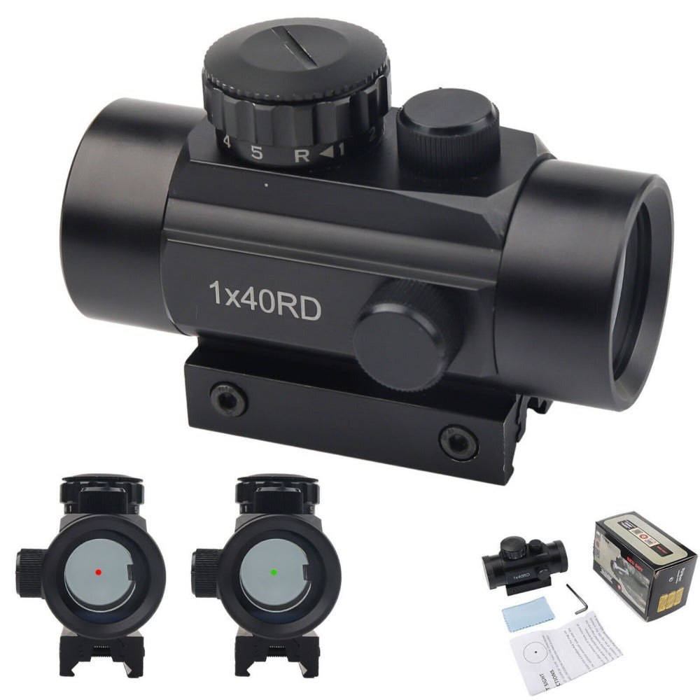 1x40 Red and Green Dot Sight with Crosshair or Point Reticle, Reversible 20mm and 11mm Rail Mount