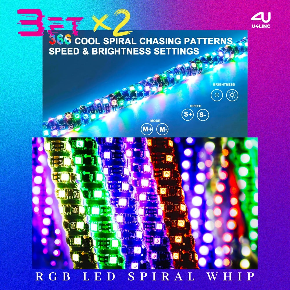 RGB LED Whip Lights for UTV ATV – 1ft/2ft/3ft/4ft Spiral Color Changing Neon Light Whips with Remote & App Control, Music Sync