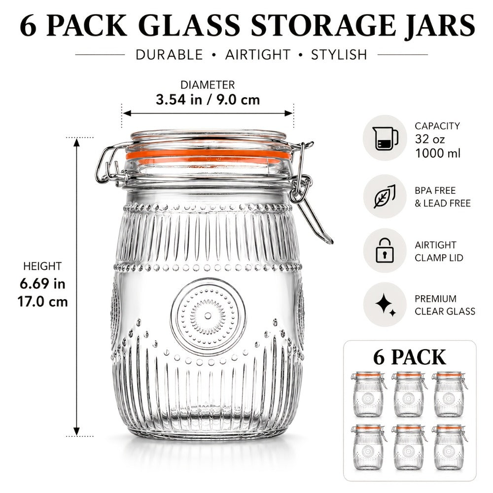Mason Jars 6-Pack, 32 oz Wide-Mouth Glass Canisters with Hinged Lids and Sunflower Pattern for Coffee, Sugar, Beans and Spices