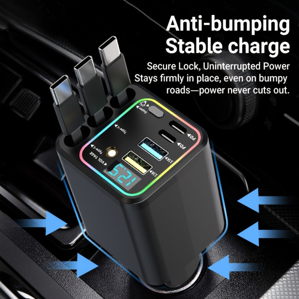 Car Charger 7-in-1 Fast Charging Hub – 3 Retractable Cables, 180° Adjustable, LED Display, USB Multi-Port for iPhone Android