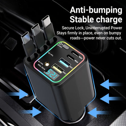 Car Charger 7-in-1 Fast Charging Hub – 3 Retractable Cables, 180° Adjustable, LED Display, USB Multi-Port for iPhone Android