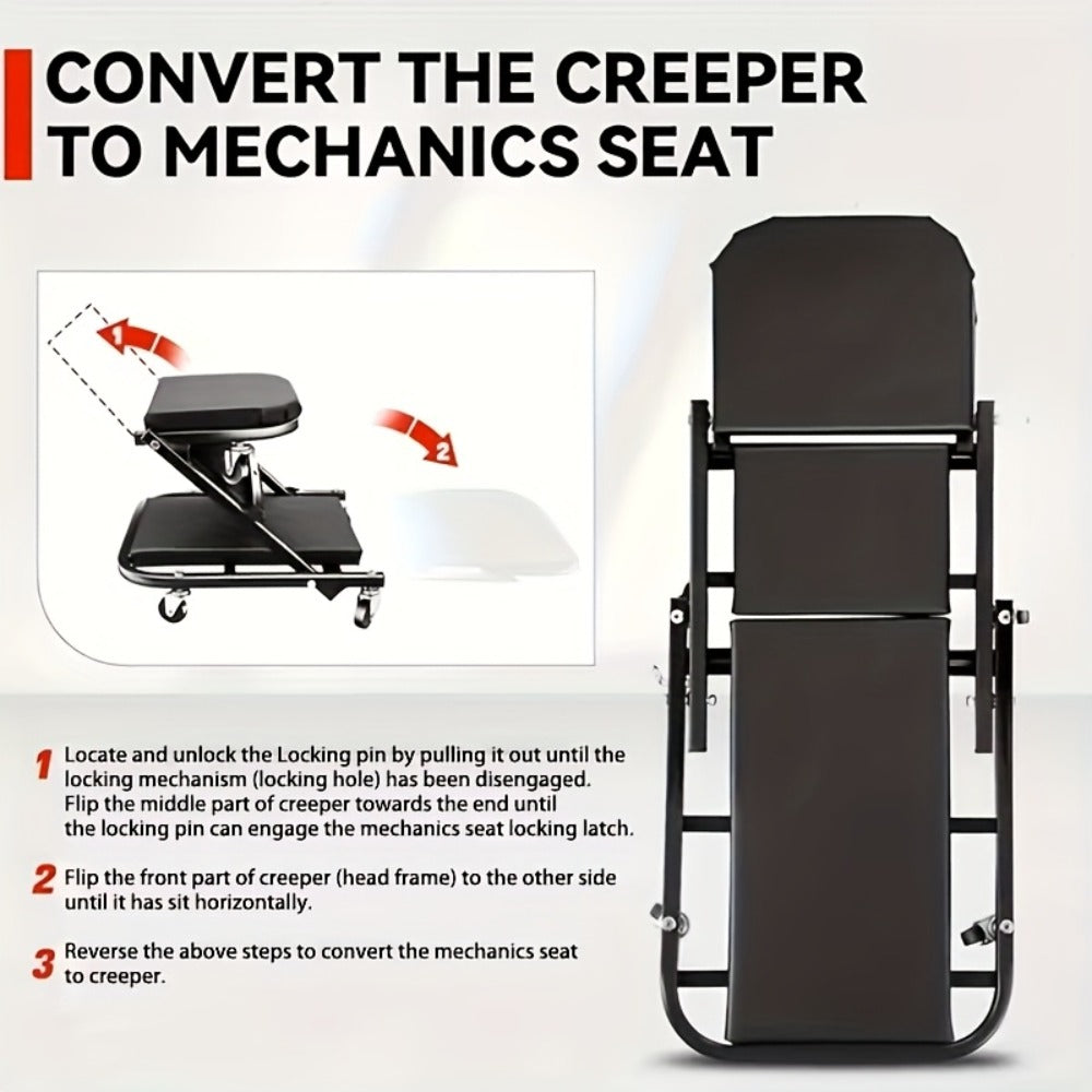 Rolling Mechanic Creeper Stool 300 lb – Foldable Z-Shape 3-in-1 Crawler Seat & Sliding Work Stool with 6 Swivel Casters