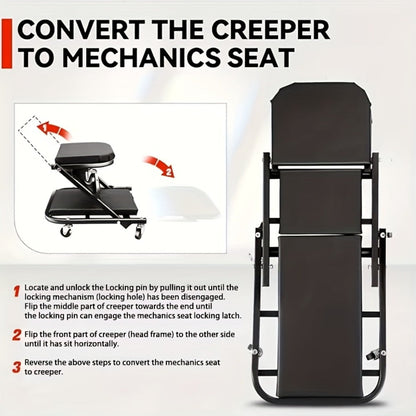 Rolling Mechanic Creeper Stool 300 lb – Foldable Z-Shape 3-in-1 Crawler Seat & Sliding Work Stool with 6 Swivel Casters