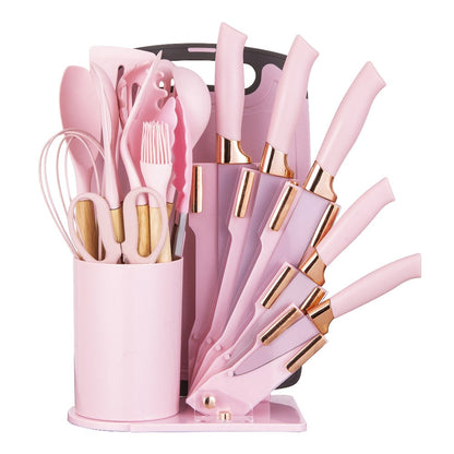 Kitchen Knife Set 19-Piece with Stainless Steel Blades, Wood Handles, Silicone Utensils, Board, Shears and Holder