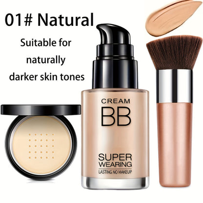 BB Cream Makeup Kit with Loose Setting Powder Brush & Sponge – Full Coverage Waterproof Long-Lasting Hydrating Foundation Set for All Skin