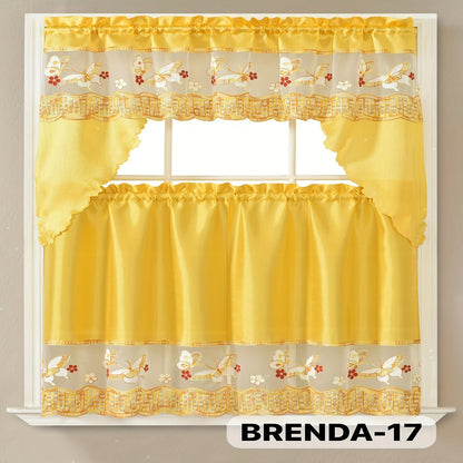 Kitchen Curtains 3 Piece Set Embroidered Satin Valance and Tiers – Rod Pocket Light Filtering Machine Washable 46 Colors