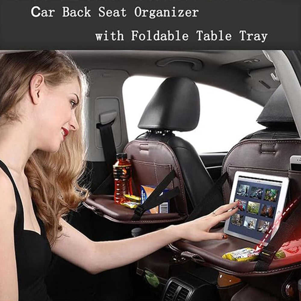 Car Rear Seat Organizer with Foldable Table, Footrest, Cup Holder, Tissue Box & Laptop Base – 2-Piece Premium Back Seat Storage Box Travel