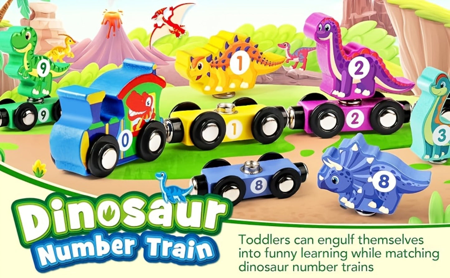Magnetic Dinosaur Number Train Set for Kids Ages 3-5, 11PCS Wooden Magnetic Train Toy with Engine & Numbered Cars