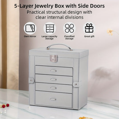 Jewelry Box, Five-Tier PU-Leather Organizer with Built-In Mirror, Key Lock and Three Color Options