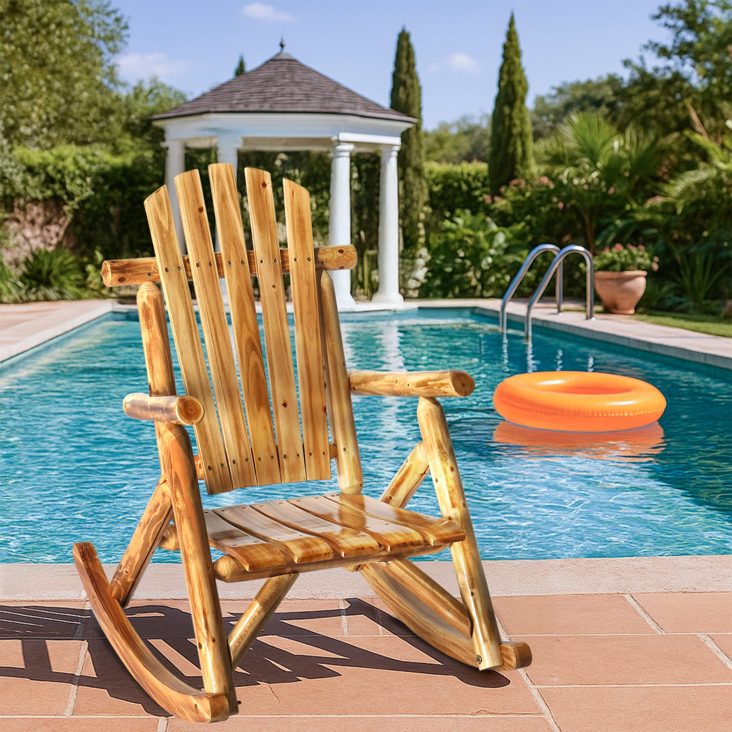 Patio Cedar Rocking Chair 26" Fan-Shaped Backrest Outdoor Rocker for Garden Poolside Patio