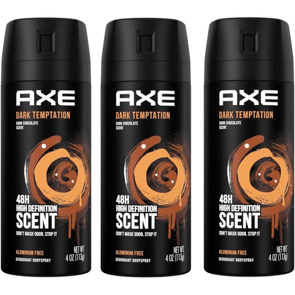 AXE Dark Temptation Body Spray for Men 3 Pack 5oz Each Deodorant Spray Chocolate Scent Mens for Entryways, Bedrooms and Living Spaces