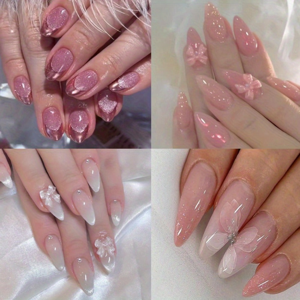 Press On Nails 96-Piece Almond Four-Pack Ice Pink Gradient Flower Butterfly Glossy Full-Cover Set