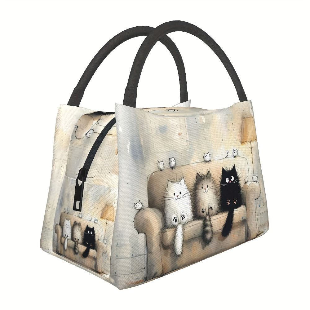 Cat Print Lunch Bag Tote, 11 x 6.3 x 6.7 Inches with Top Zipper, Dual Carry Handles and Tapered Profile