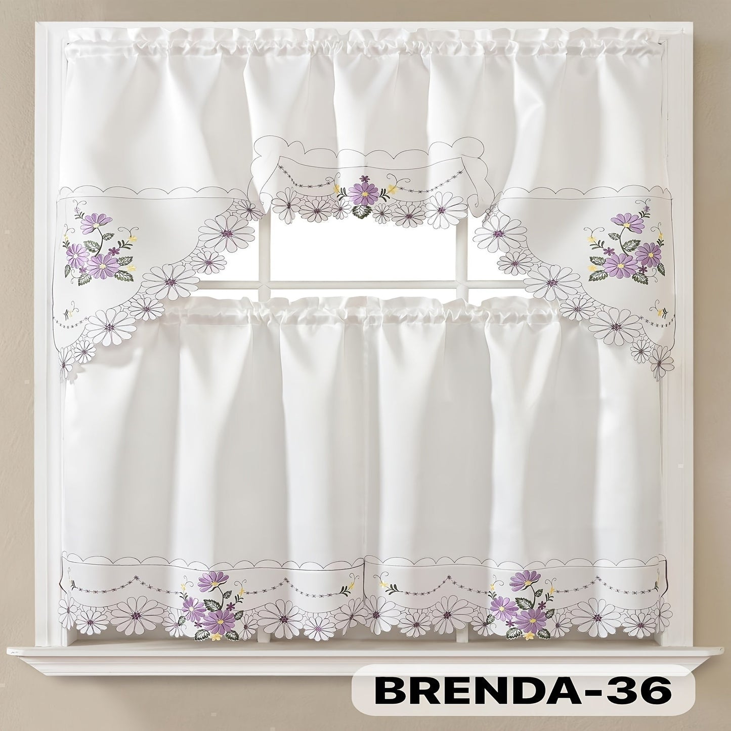 Kitchen Curtains 3 Piece Set Embroidered Satin Valance and Tiers – Rod Pocket Light Filtering Machine Washable 46 Colors