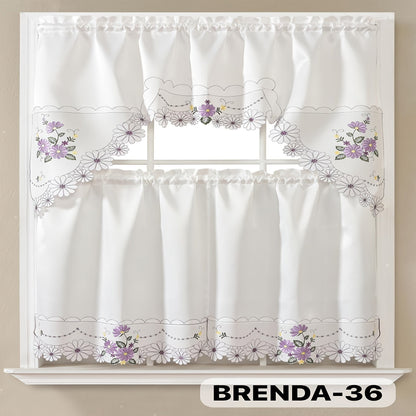 Kitchen Curtains 3 Piece Set Embroidered Satin Valance and Tiers – Rod Pocket Light Filtering Machine Washable 46 Colors
