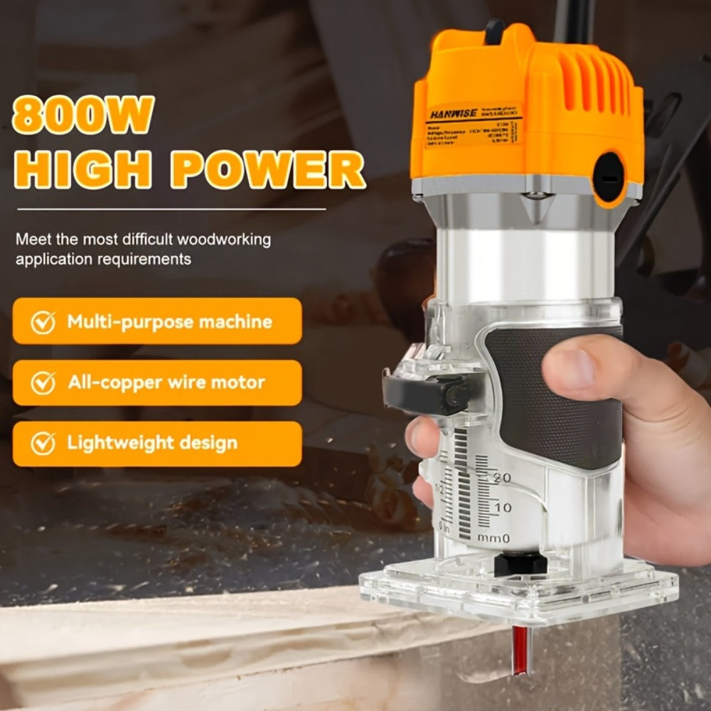 Wood Router 800W 35000 RPM Compact Electric Router Tool, 15-Piece 1/4" Bit Set for DIY Woodworking