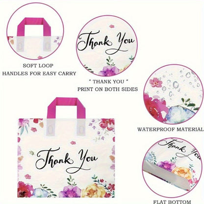 Thank You Gift Bags 50pcs Plastic Flower Print Handle Bags Reusable Shopping Tote for Party Birthday Wedding Halloween Christmas