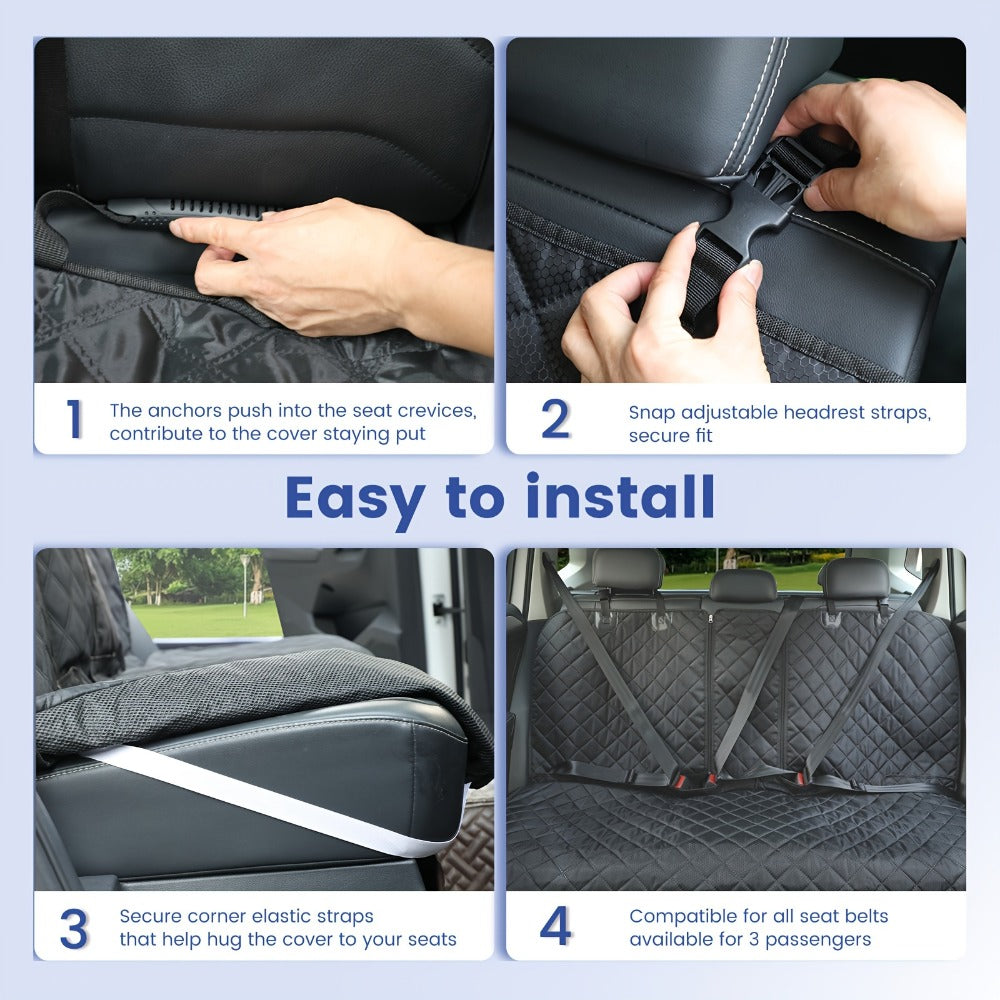 Black Quilted Rear Bench Car Seat Cover with Side Flaps and M, L or XL Three-Seat Vehicle Size Labels
