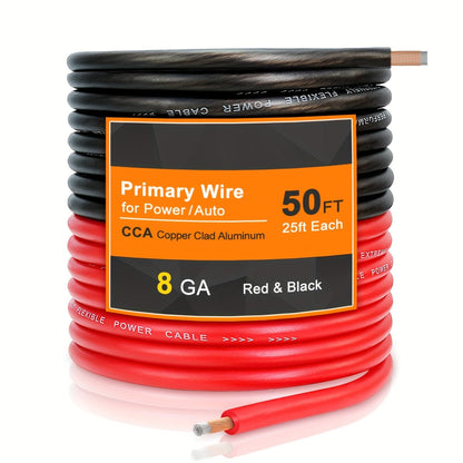 8 Gauge Car Audio Wire 50ft CCA – 25ft Red Power + 25ft Black Ground Cable, Flexible PVC Jacket, Anti-Oxidation