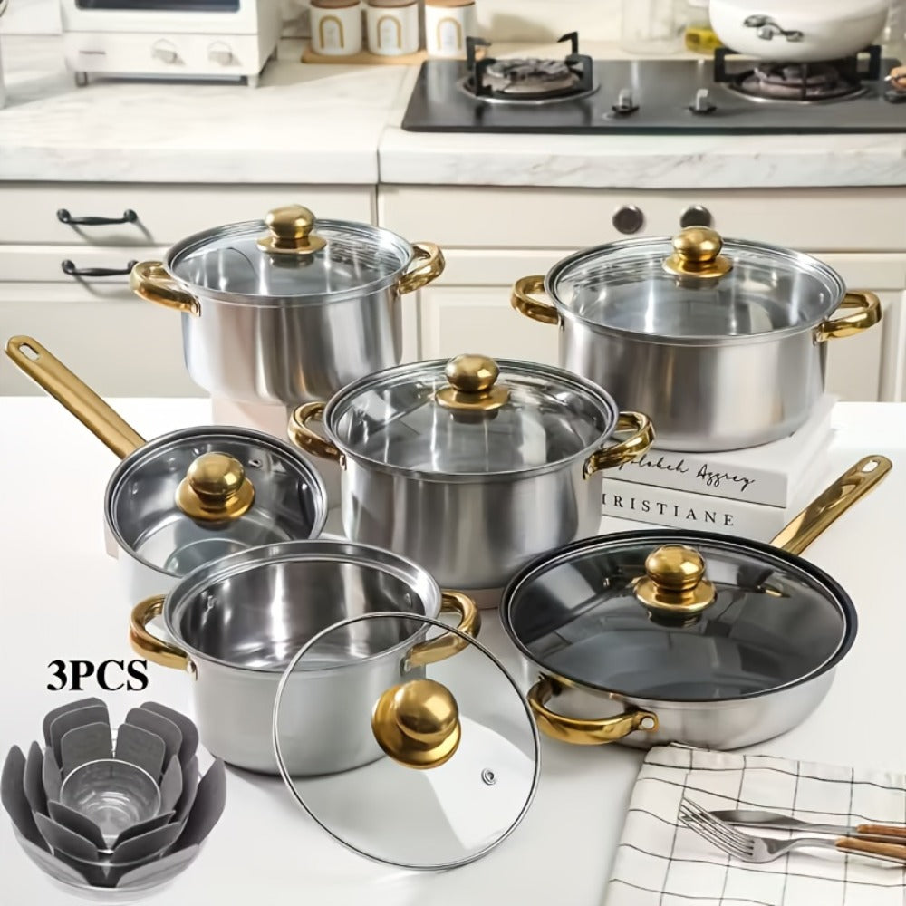 Stainless Steel Deep Pot Cookware Set 10 & 12 Piece with Lids & Dual Handles – Oven Safe Soup Hot Pot Pasta Seafood Stew Pots | Silver Pink