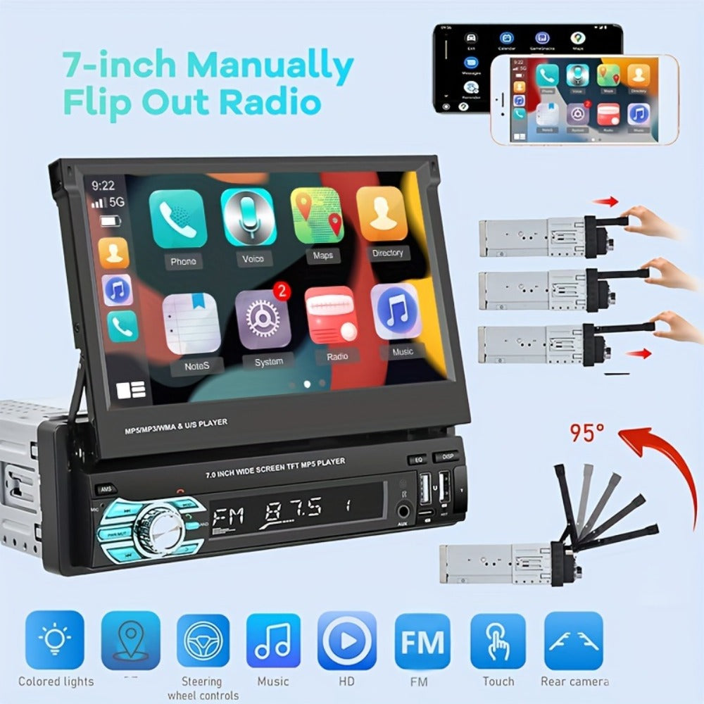 Single Din Car Stereo 7 Inch Flip Out Touchscreen – Wireless CarPlay & Android Auto, 1080P HD, FM Radio, SWC, Voice Control, USB/Type-C/AUX