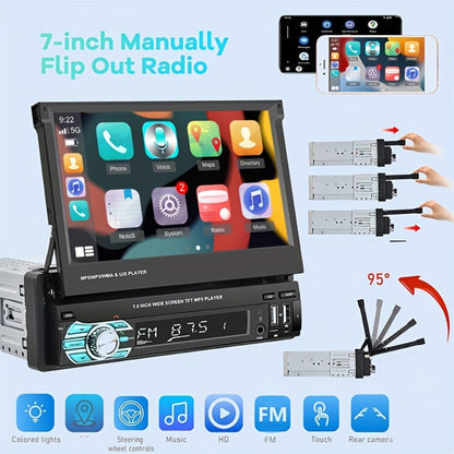 Single Din Car Stereo 7 Inch Flip Out Touchscreen – Wireless CarPlay & Android Auto, 1080P HD, FM Radio, SWC, Voice Control, USB/Type-C/AUX
