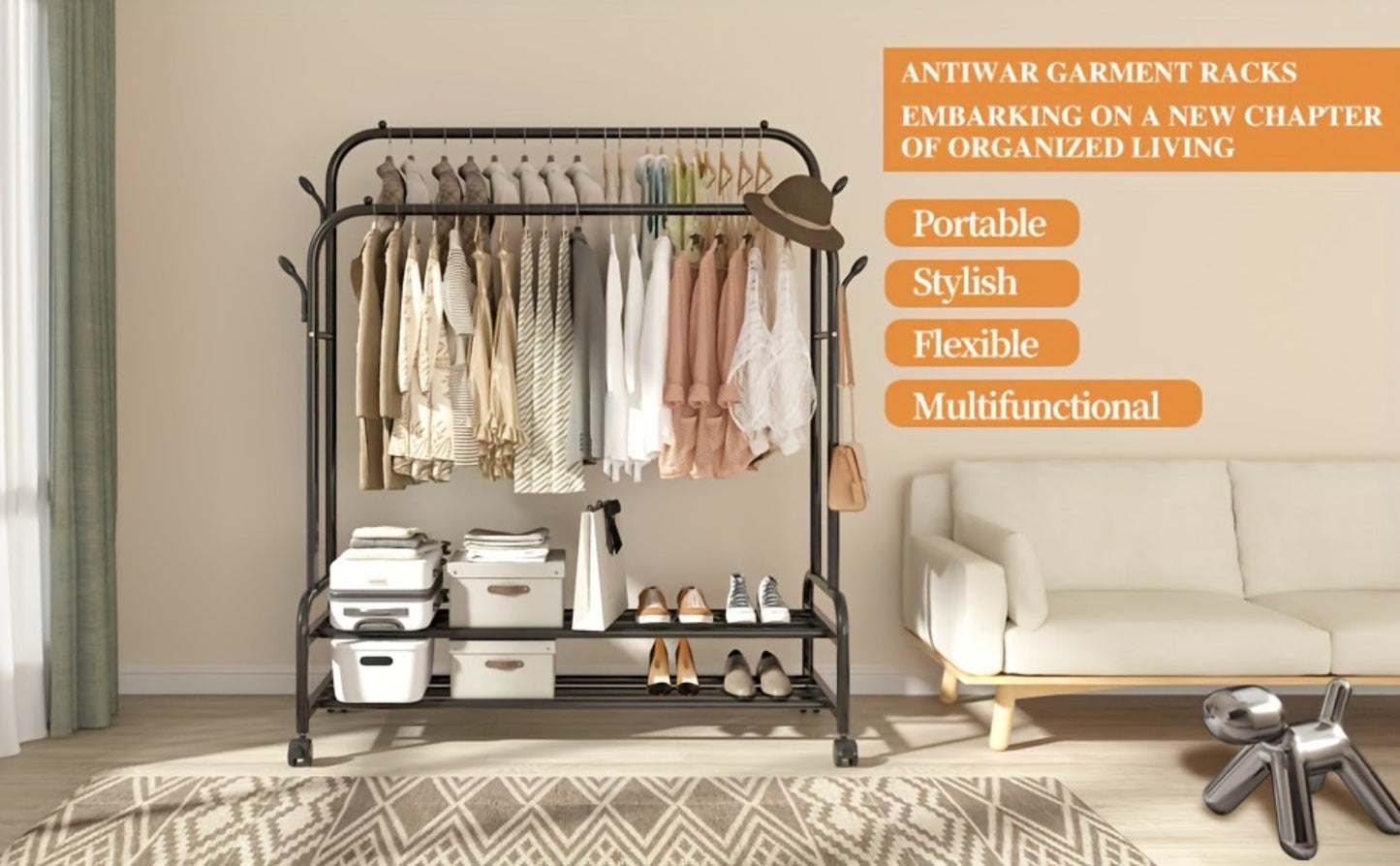 Black or Gold-Color Double-Rod Clothing Rack with Wheels, Side Hooks and 150 x 110 x 46 cm Frame