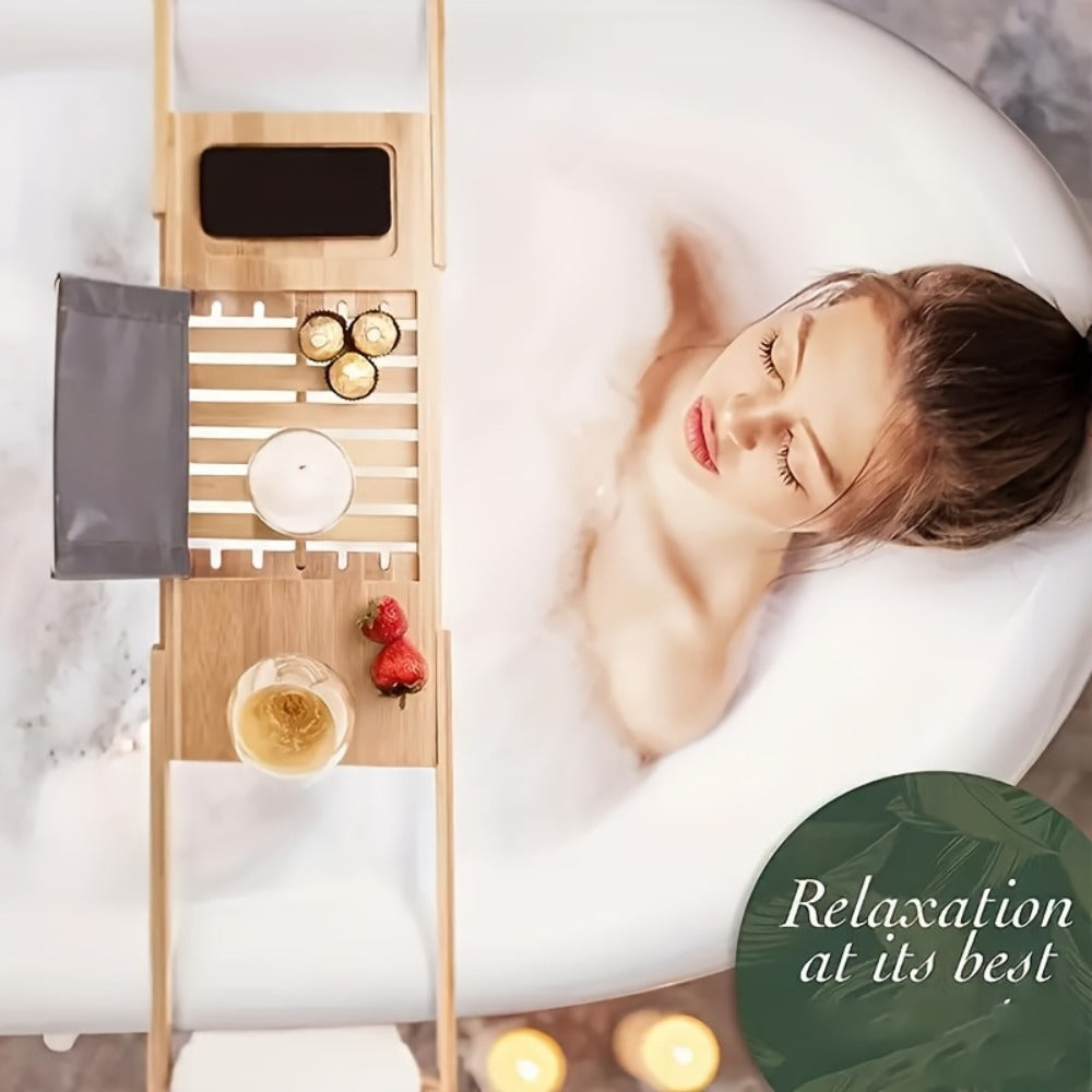 Bamboo Bath Caddy Tray with Adjustable Reading Rack - Expandable Bathtub Tray, Space-Saving Bathtub Organizer for Books